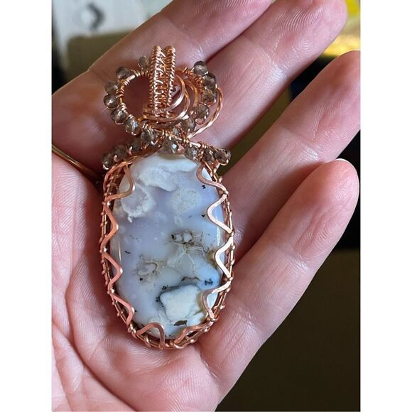 Dendritic Opal smoky quartz wire wrap wrapped pendant copper handmade artisan - Picture 3 of 16